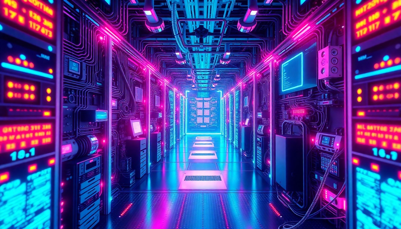 A highly detailed, glowing 3D illustration of a complex, futuristic cybersecurity infrastructure system, with neon cyan and magenta lights illuminating the intricate hardware and data flows, conceptually representing the high-stakes nature of securing critical systems against advanced AI-powered threats.