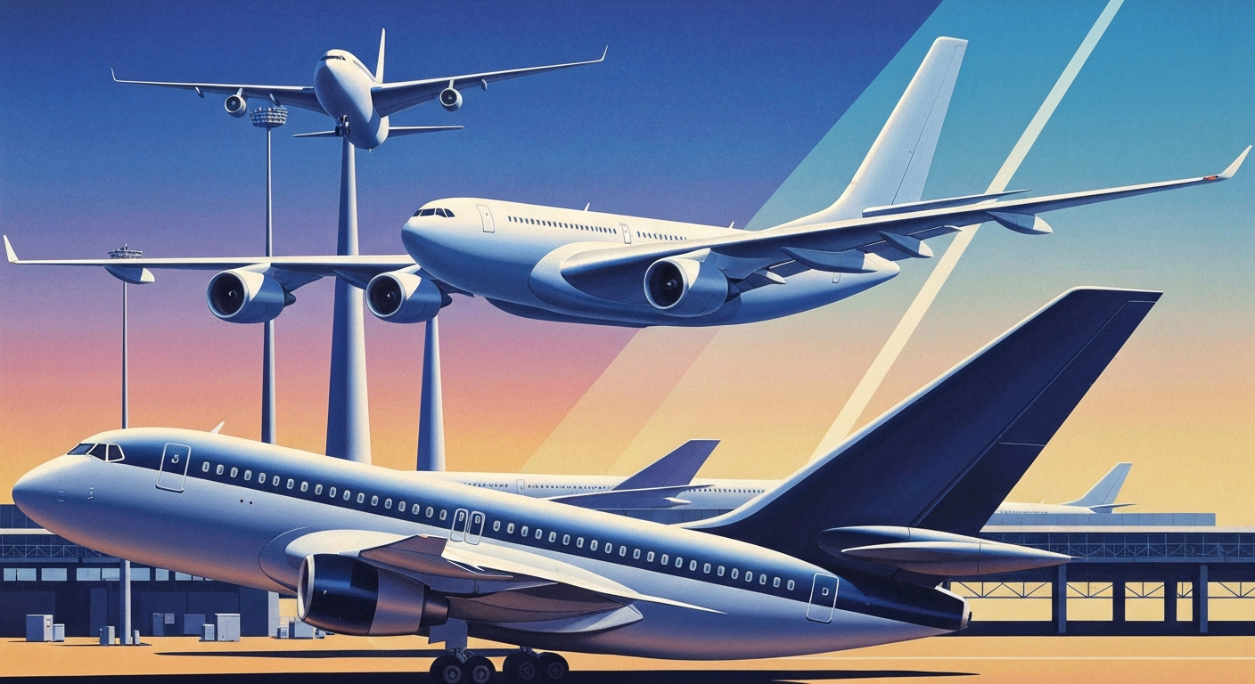 A highly stylized, geometric illustration depicting the sweeping, streamlined forms of an aircraft and airport architecture in shades of blue, gray, and silver, conveying the grand scale and romance of air travel without any literal depictions.