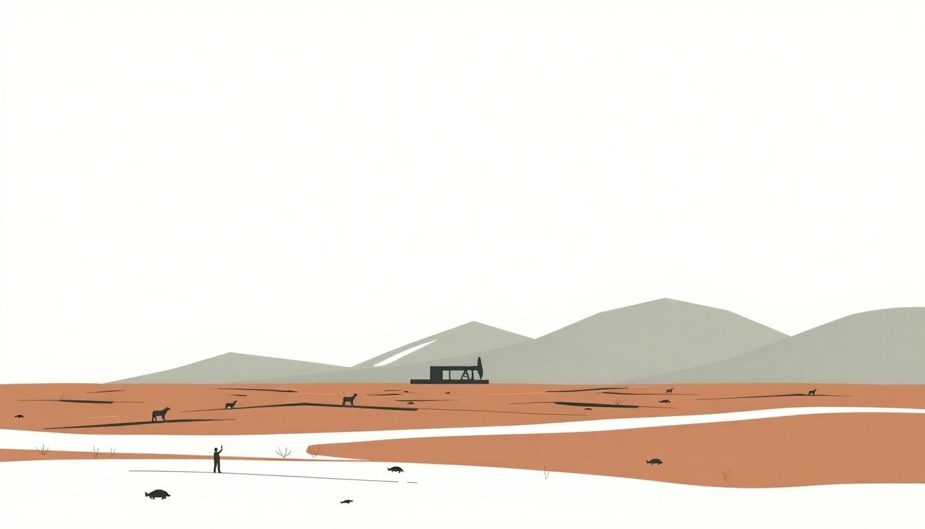 An abstract composition of overlapping triangles and rectangles in shades of green, brown, and gray, conceptually representing the complex debate over drilling in the ecologically sensitive Arctic Refuge.