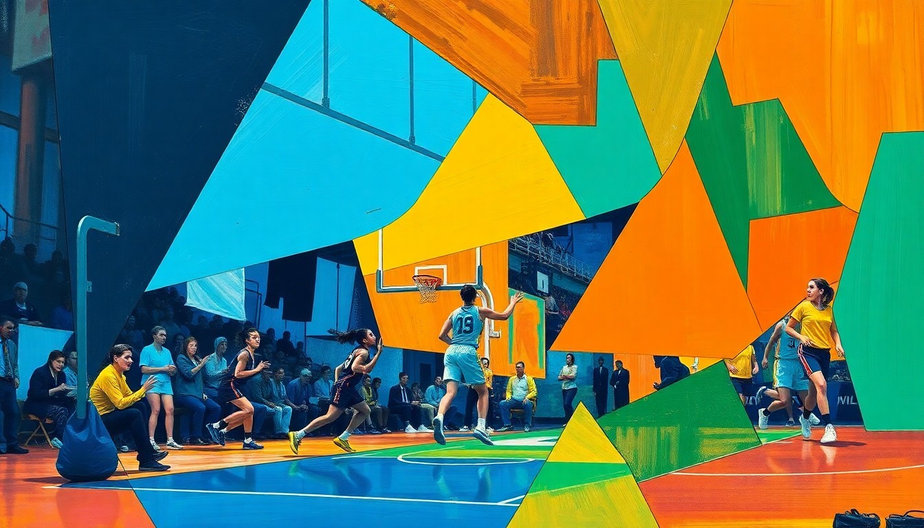 A cubist, geometric painting depicting a fragmented women's basketball game, with overlapping shapes and planes in vibrant blue, orange, and green hues.