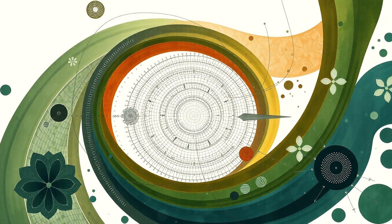 A highly textured, abstract painting in soft greens, browns, and blues, featuring sweeping geometric shapes and precise botanical spirals, conceptually representing the complex biological processes detected by the microneedle sensor technology.