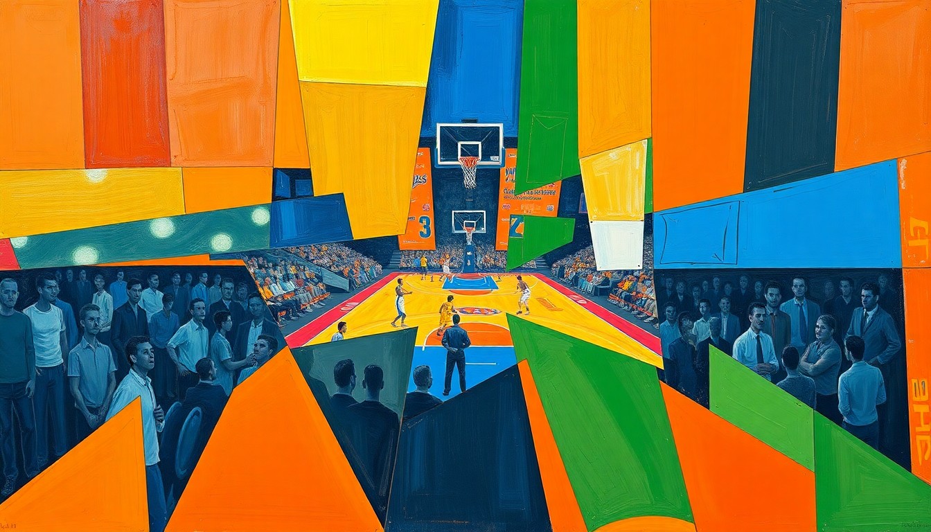 A cubist, geometric painting depicting a basketball game in motion, with the players and court broken down into overlapping planes of vibrant colors.