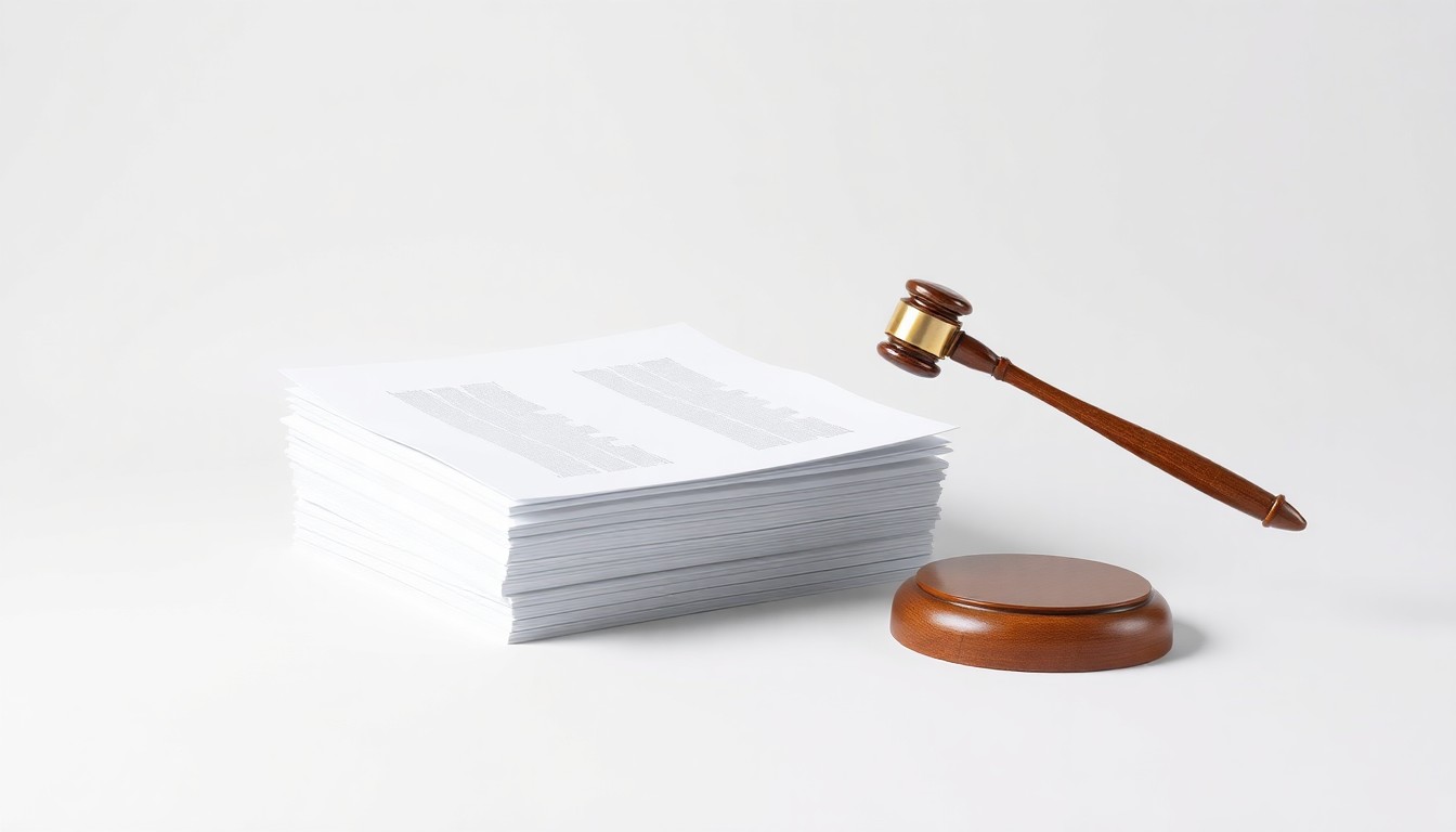 A photorealistic studio still life featuring a stack of legal documents and a gavel floating on a clean, monochromatic background, symbolizing the abstract concepts of corporate strategy, finance, and legal battles surrounding media mergers.