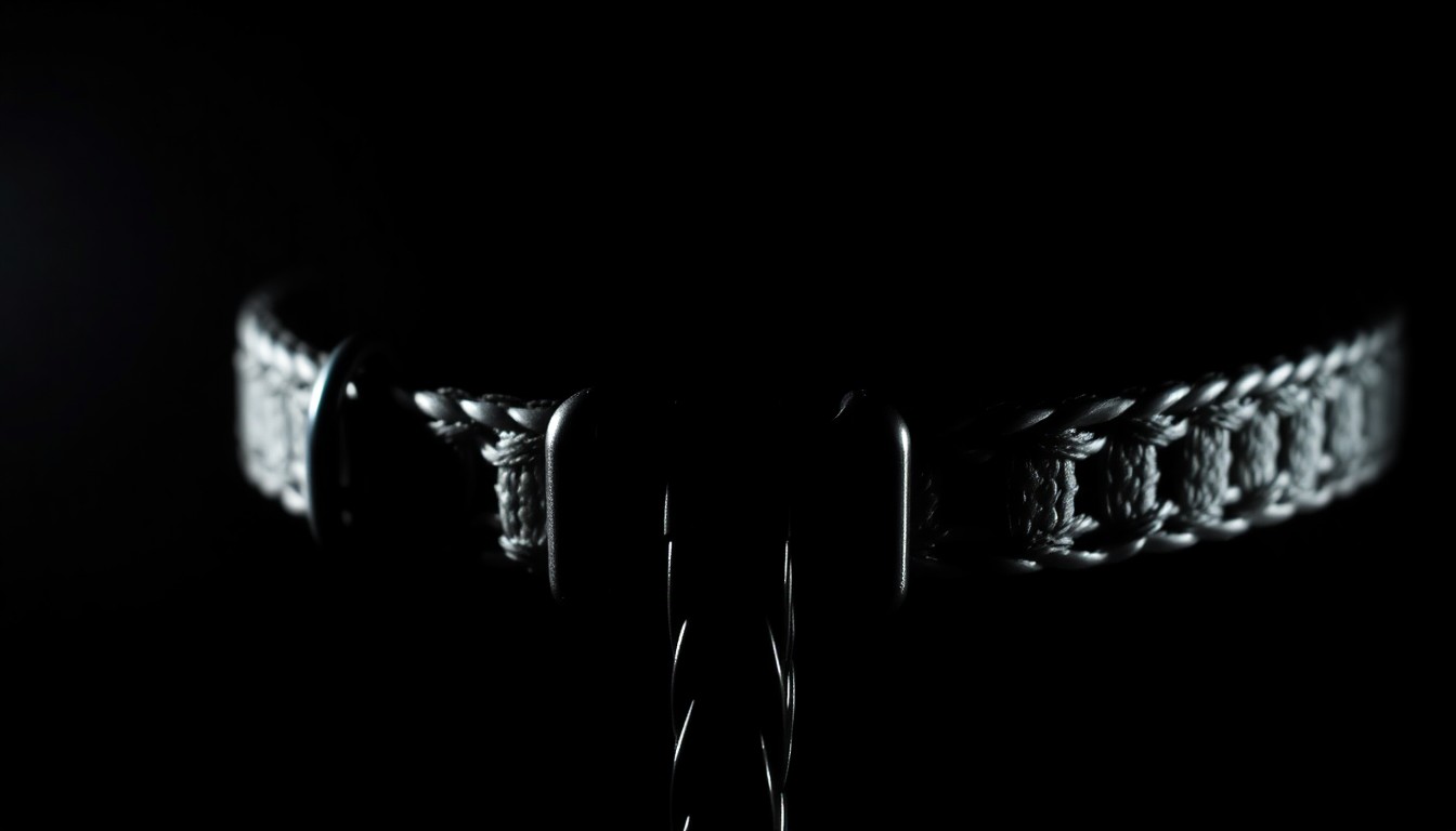 An extreme close-up photograph of a dog collar or leash against a pitch-black background, lit by a harsh, direct camera flash, creating a stark, gritty, investigative aesthetic without depicting any violence or victims.