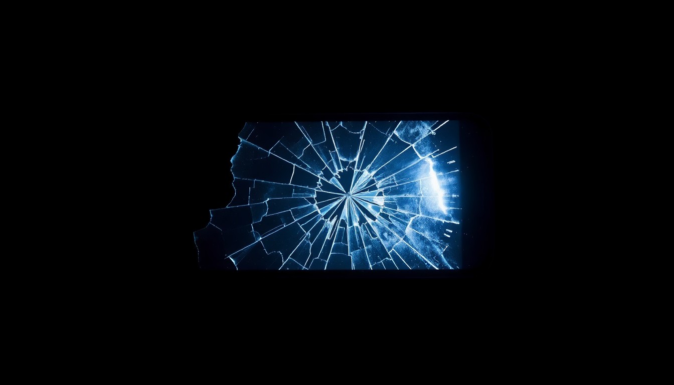 An extreme close-up photograph of a cracked and shattered smartphone screen, conceptually representing the investigation and evidence surrounding the alleged murder case against the music artist D4vd.
