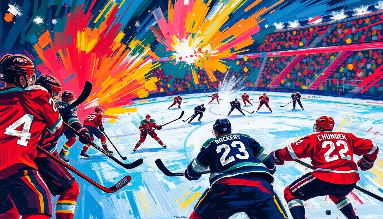 An abstract, expressionist painting featuring vibrant brushstrokes of neon blues, greens, and reds, capturing the frenetic energy and intensity of a professional hockey game.