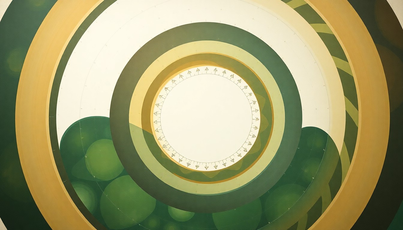 A highly structured abstract painting in soft, earthy tones of green, brown, and blue, featuring sweeping geometric arcs, concentric circles, and precise botanical or physical spirals, conceptually representing the complex engineering and physics of a small modular nuclear reactor.