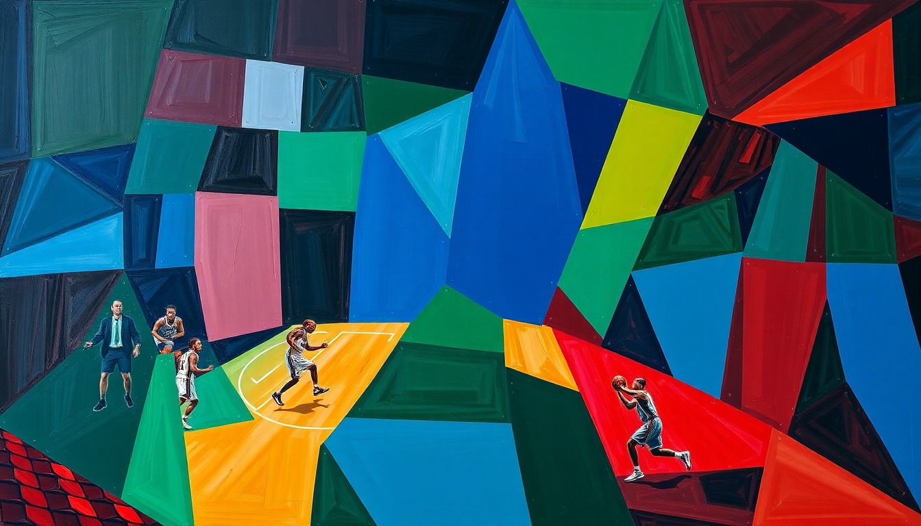 A cubist, geometric painting depicting a fragmented basketball game or playoff action, with sharp, overlapping planes of navy blue, forest green, and crimson red, conveying the heightened intensity and physicality of the postseason.