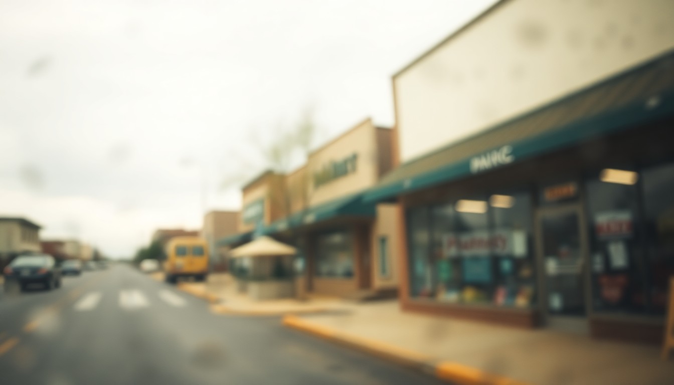 An impressionistic, out-of-focus scene of a blurred small-town street, with a faint pharmacy storefront visible in the distance, conveying the challenges of diminishing healthcare access in rural communities.
