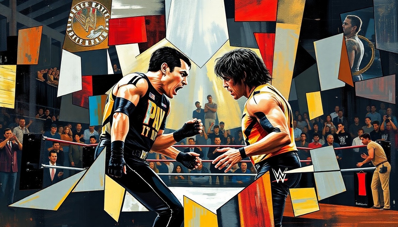 A cubist-style painting depicting the intense action of the Battle Royal and the emotional exchange between Cody Rhodes and CM Punk, with sharp, fragmented geometric shapes and planes representing the dynamic movements and powerful emotions of the wrestlers.