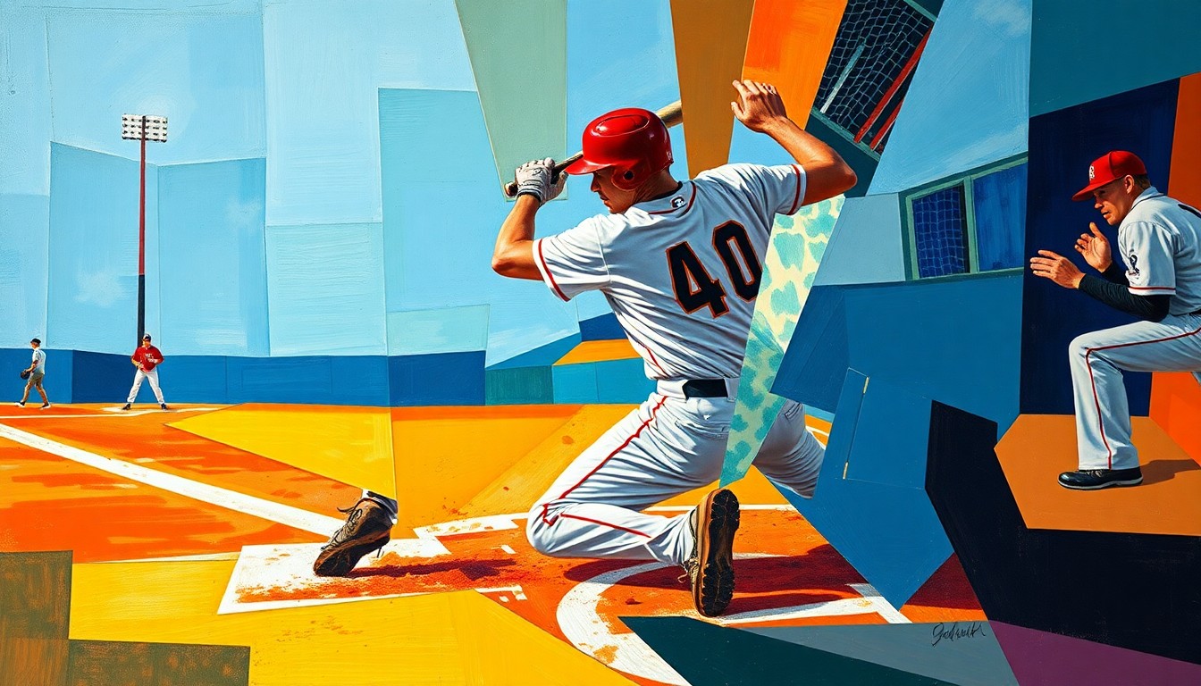 A fragmented, geometric painting depicting the dynamic motion of a baseball player in action, conveying the energy and uncertainty surrounding the Blue Jays' injury situation.