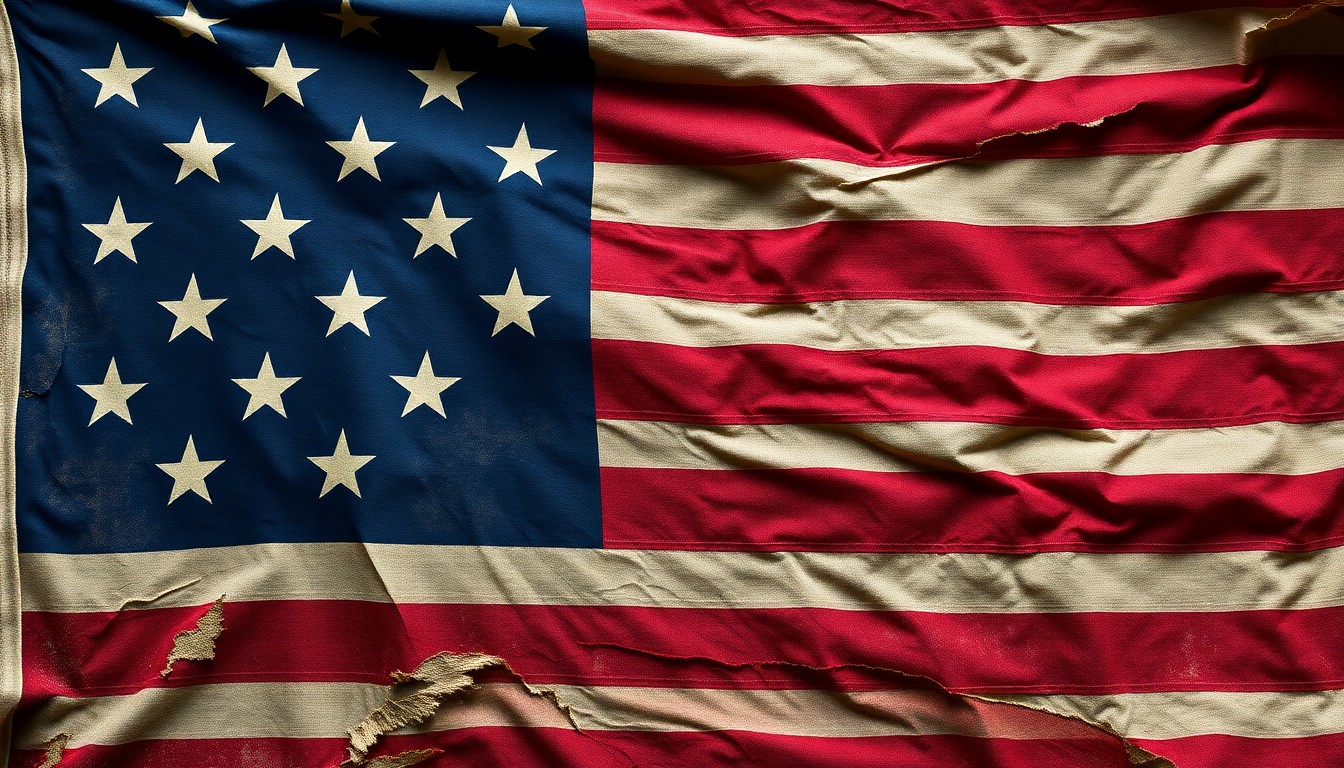 An abstract close-up photograph of a worn, textured American flag, its fabric and faded colors evoking the spirit of the Revolutionary era.