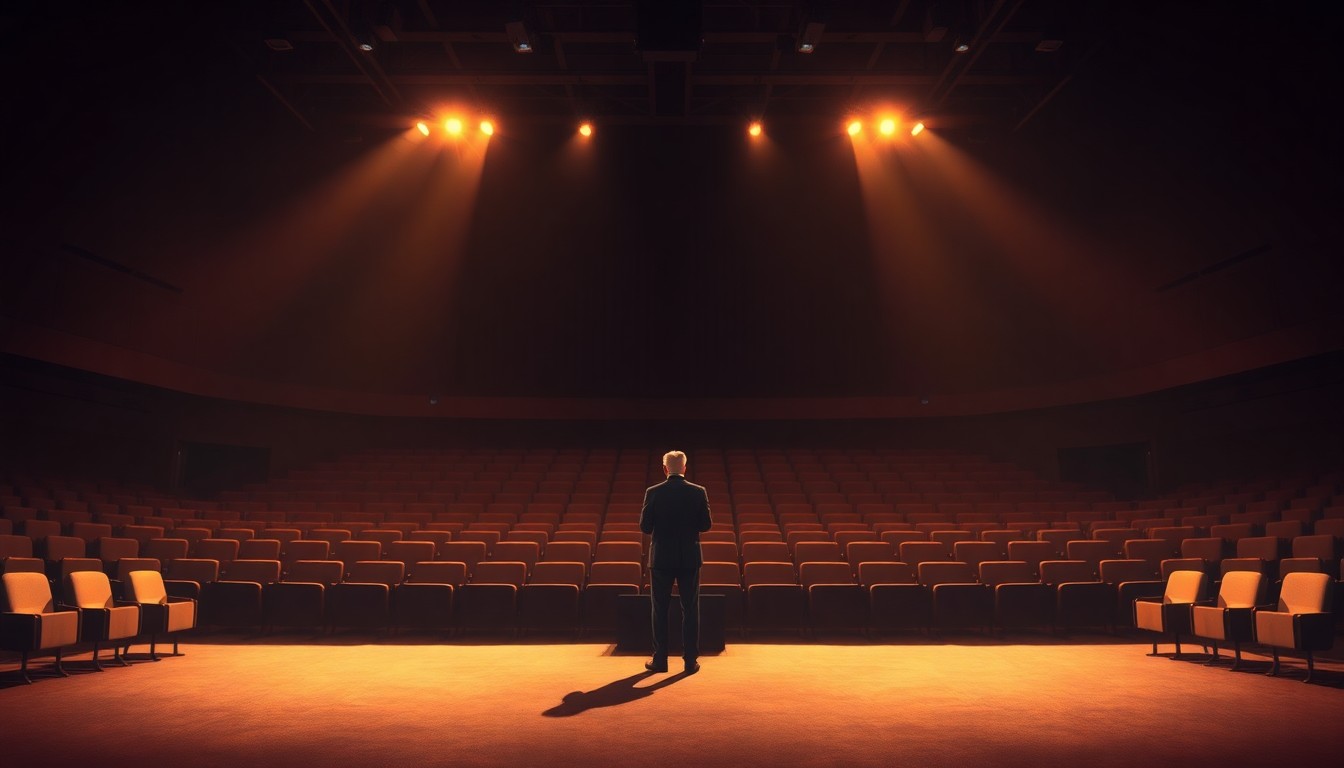 A serene, cinematic painting depicting a lone political candidate standing in an empty auditorium, the space bathed in warm, diagonal sunlight and deep shadows, creating a pensive, reflective mood.