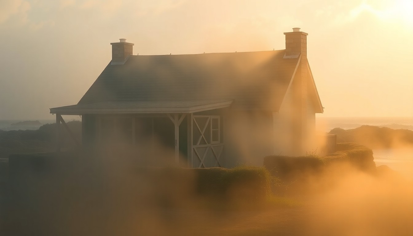 An extremely abstracted, out-of-focus photograph of a small, weathered seaside cottage partially obscured by soft, warm pools of golden light and hazy ocean mist, conveying the high-priced exclusivity of Laguna Beach real estate.