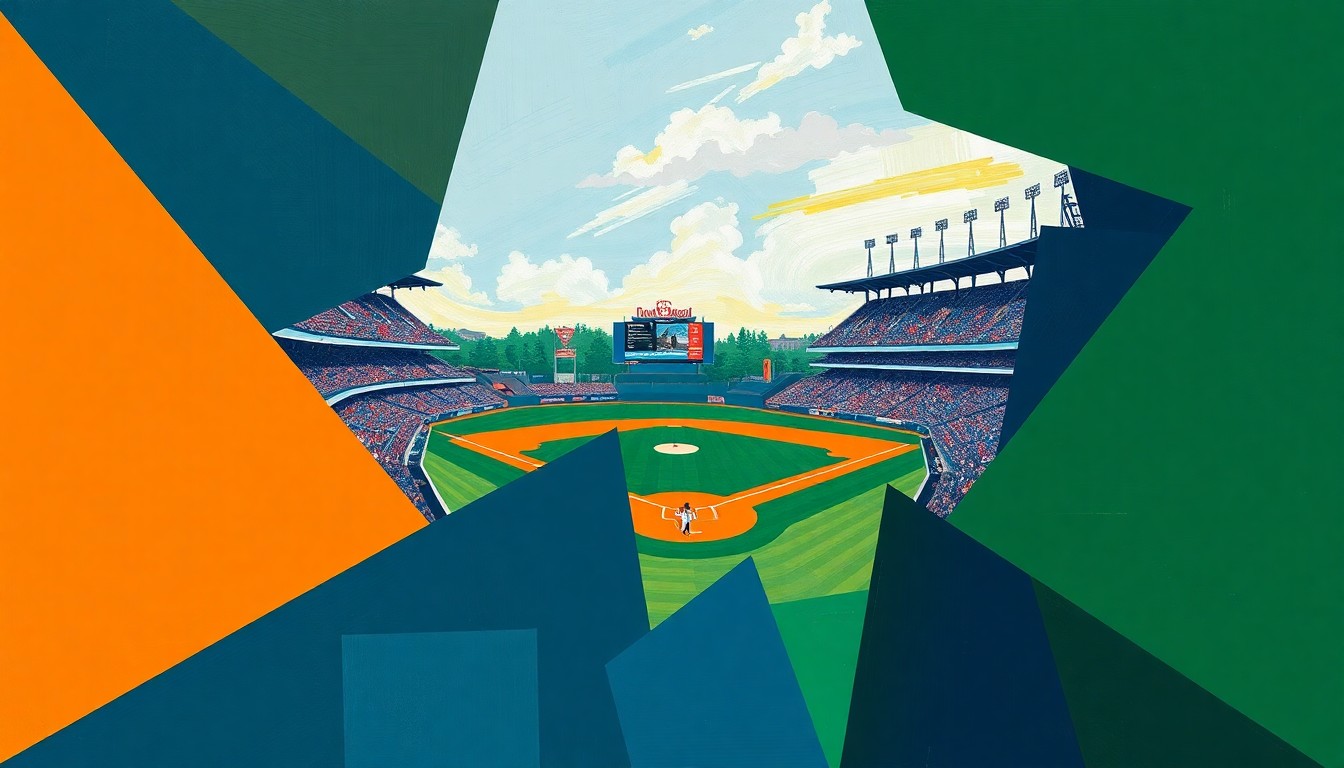 A dynamic, cubist-inspired illustration depicting a college baseball game broken down into vibrant, overlapping geometric shapes and planes, conveying the energy and intensity of the Bronchos' dominant performance.