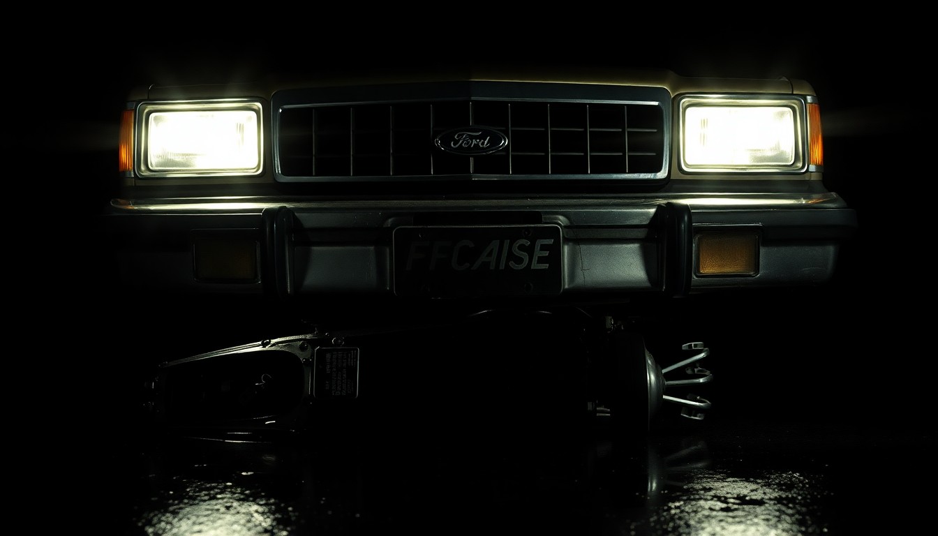 An extreme close-up photograph of a rusted car component or piece of evidence, capturing the texture and details under harsh, direct lighting to convey a sense of investigation and mystery surrounding this decades-old case.