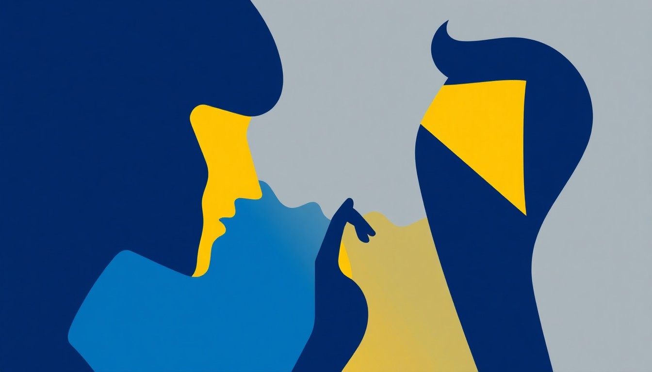 A striking abstract composition of geometric shapes in shades of blue, yellow, and grey, conveying a sense of transition, instability, and emotional tension.