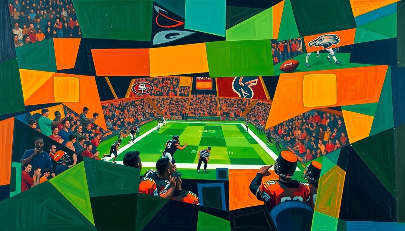 A cubist, geometric painting depicting fragmented, overlapping shapes and planes in deep navy, forest green, and burnt orange, conceptually representing the collaborative process of an NFL team's draft room and coaching staff.