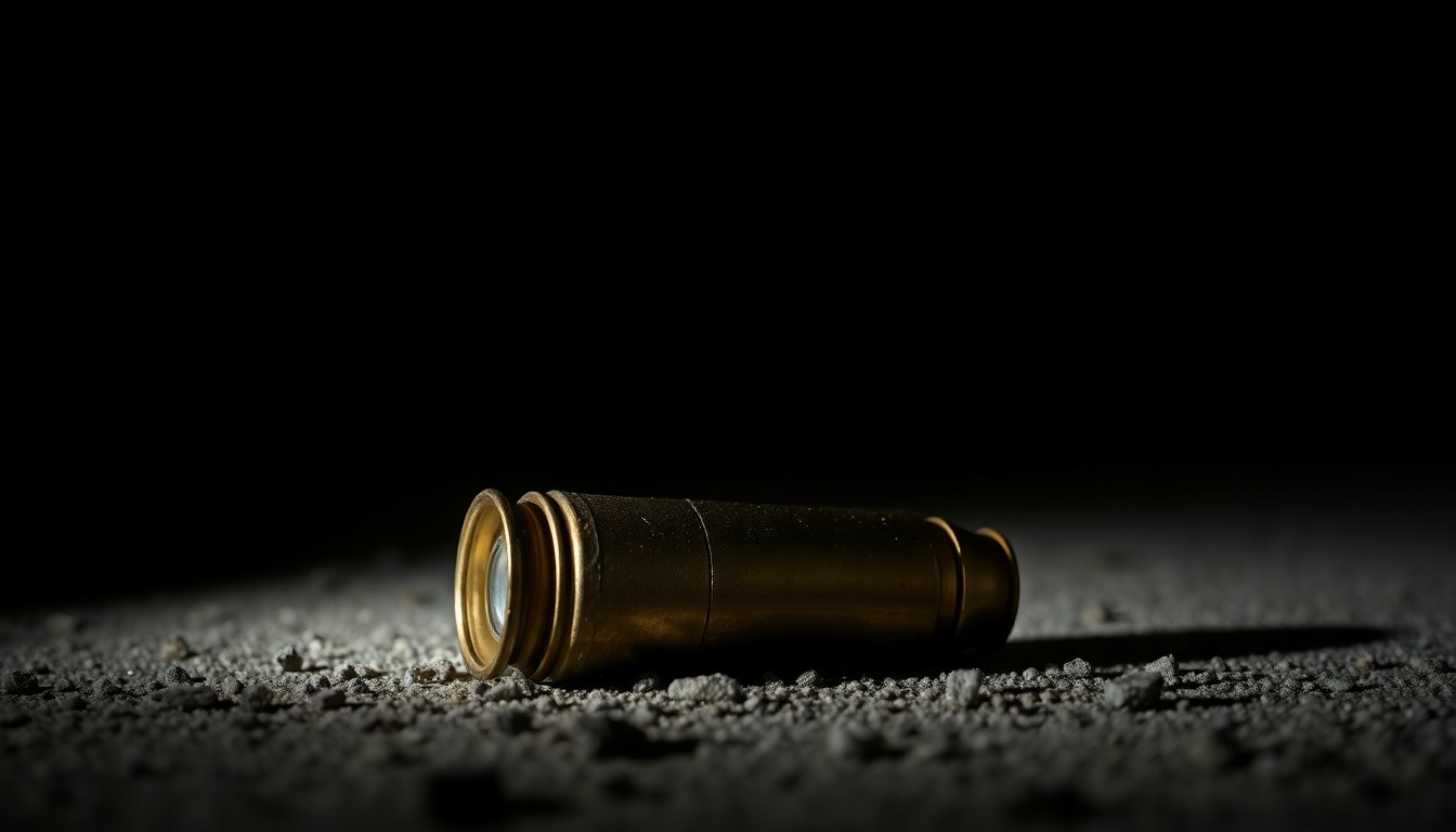 An extreme close-up photograph of a single spent shell casing on the ground, the metallic texture and dramatic shadows creating a stark, gritty, investigative aesthetic.