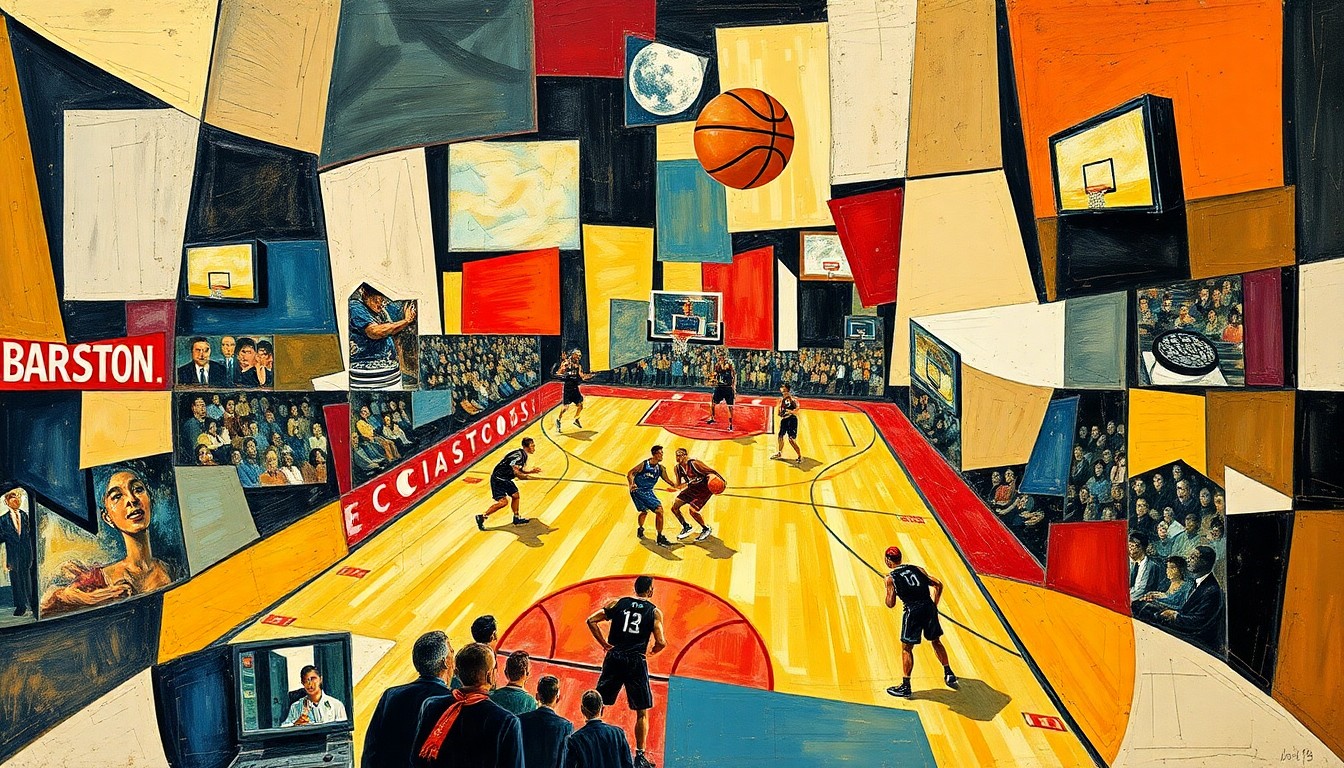 A cubist, geometric painting depicting a basketball game, with the players and court broken down into sharp, overlapping shapes and planes of color, capturing the dynamic energy of the sport.