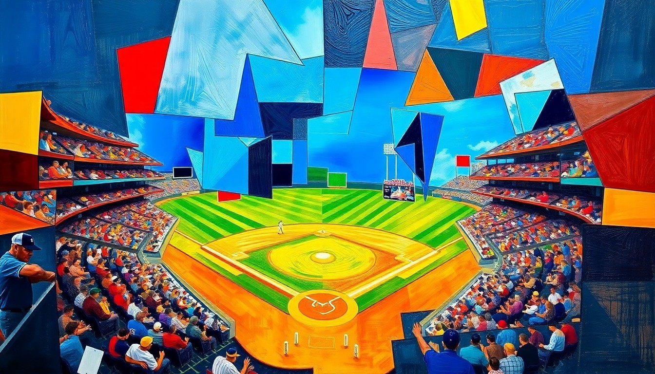 A fragmented, geometric painting featuring overlapping shapes and planes in a variety of bold colors, conceptually representing the action and excitement of a baseball game.