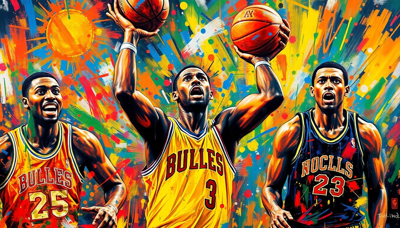 An abstract, expressionist painting in vibrant neon colors, capturing the raw energy and athleticism of a basketball game, with players' forms dissolving into unrecognizable brushstrokes.