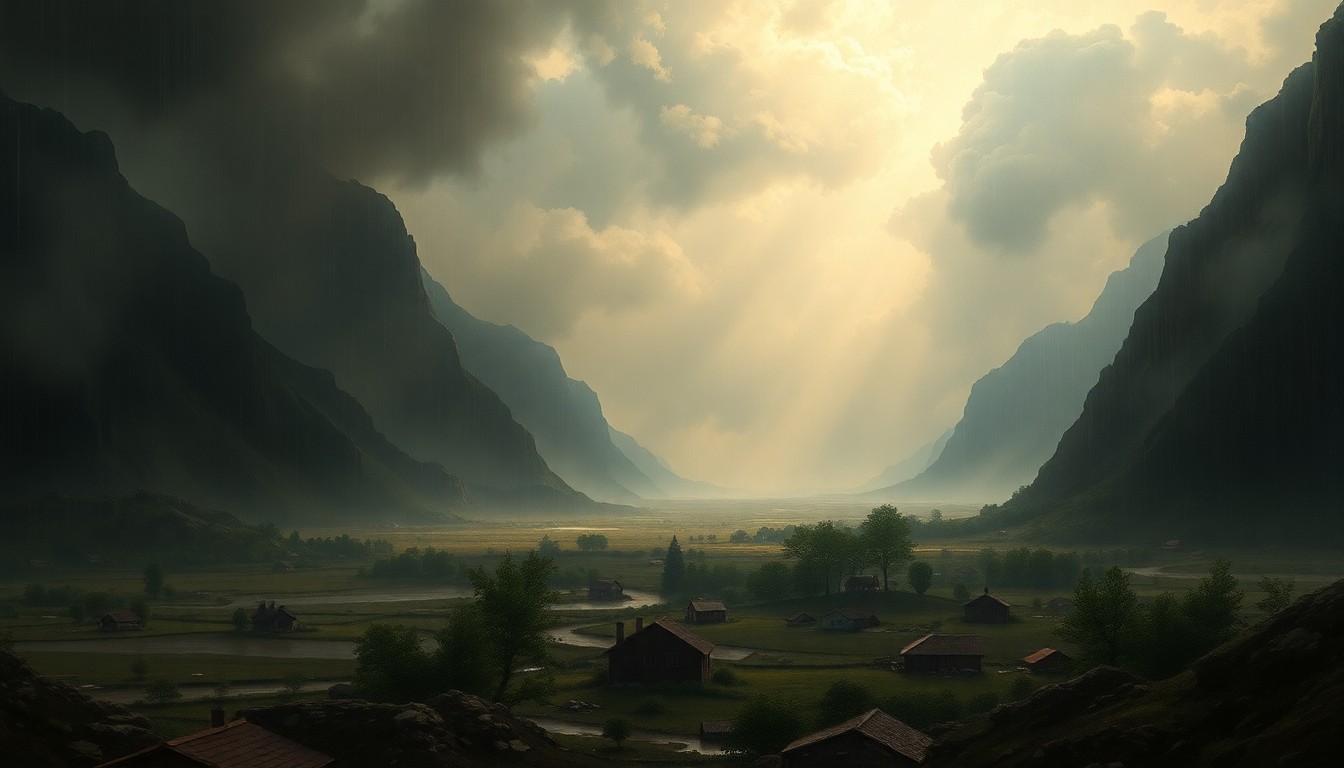 A sweeping, atmospheric landscape painting depicting a flooded, eroding backyard with small homes dwarfed by the overwhelming scale of the natural environment. The scene conveys a sense of the sublime power of the weather and landscape.