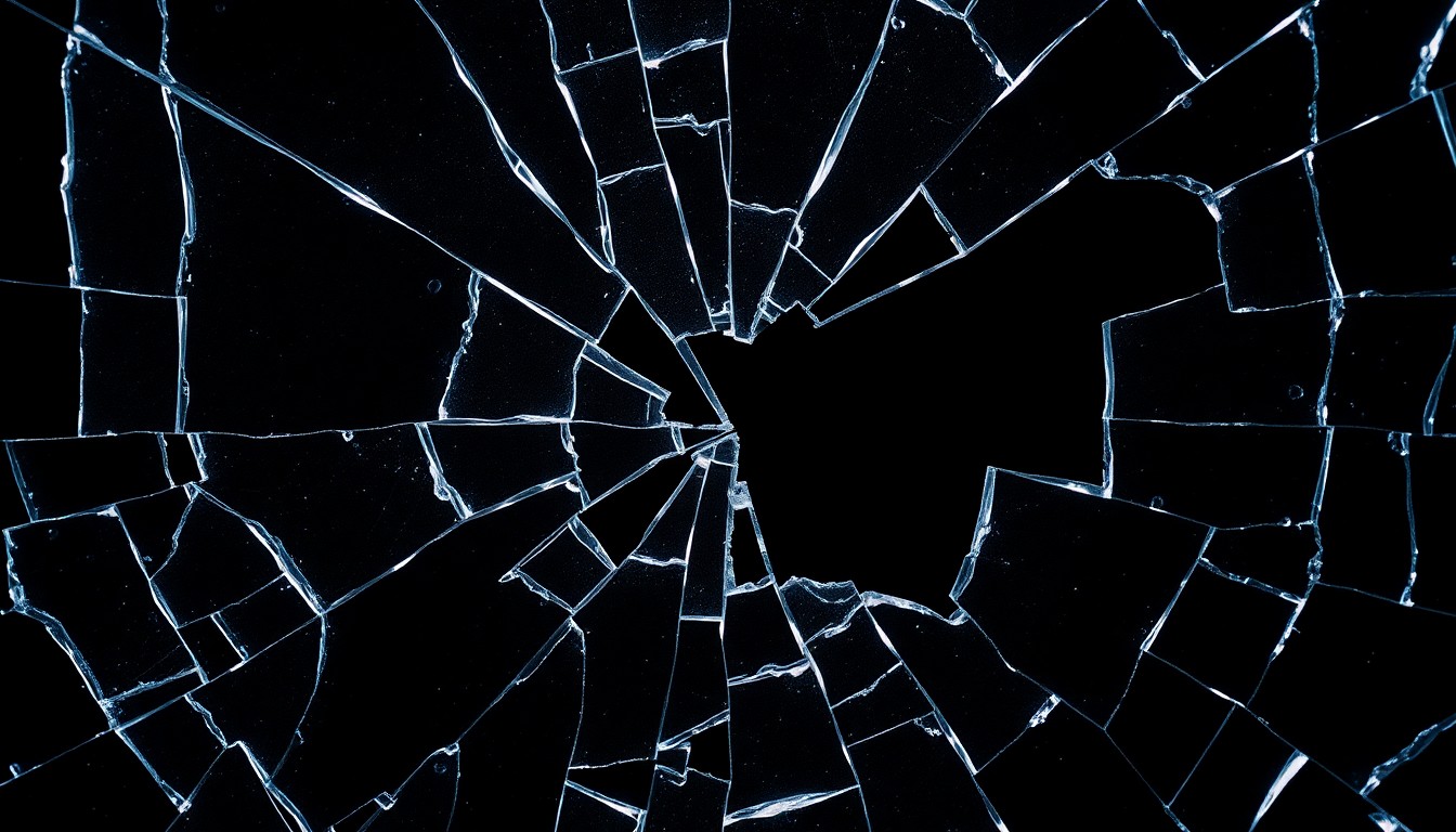 An extreme close-up of a shattered glass texture, with dramatic high-contrast lighting creating a sense of fragility and tension, conceptually representing the challenges facing the relationship between the show's main characters.