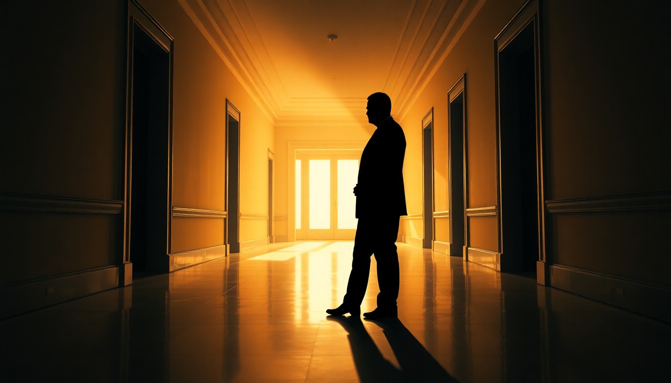A cinematic painting of a solitary political figure standing in an empty, shadowy government building hallway, with warm, diagonal sunlight casting deep shadows and creating a pensive, nostalgic mood.