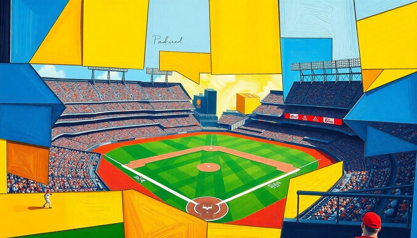 A cubist, geometric painting depicting a high school baseball game, with the players, field, and stadium broken down into overlapping planes of bright, vibrant colors.