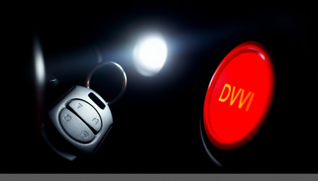 An extreme close-up of a car key and ignition switch reflecting a harsh, direct camera flash, conceptually illustrating the serious legal consequences of a DWI offense.
