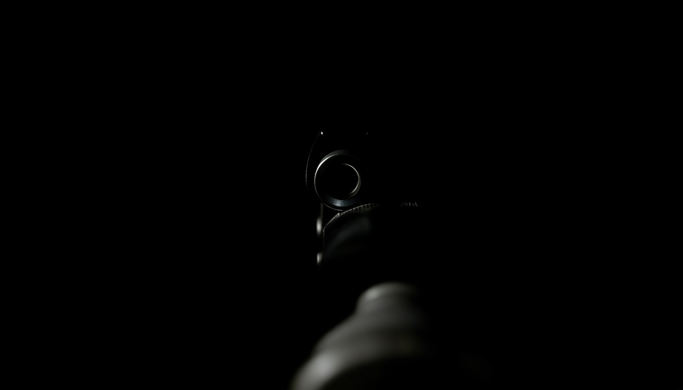 An extreme close-up photograph of a handgun trigger against a pitch-black background, the metal surface reflecting a bright flash of light, creating a stark, investigative aesthetic.