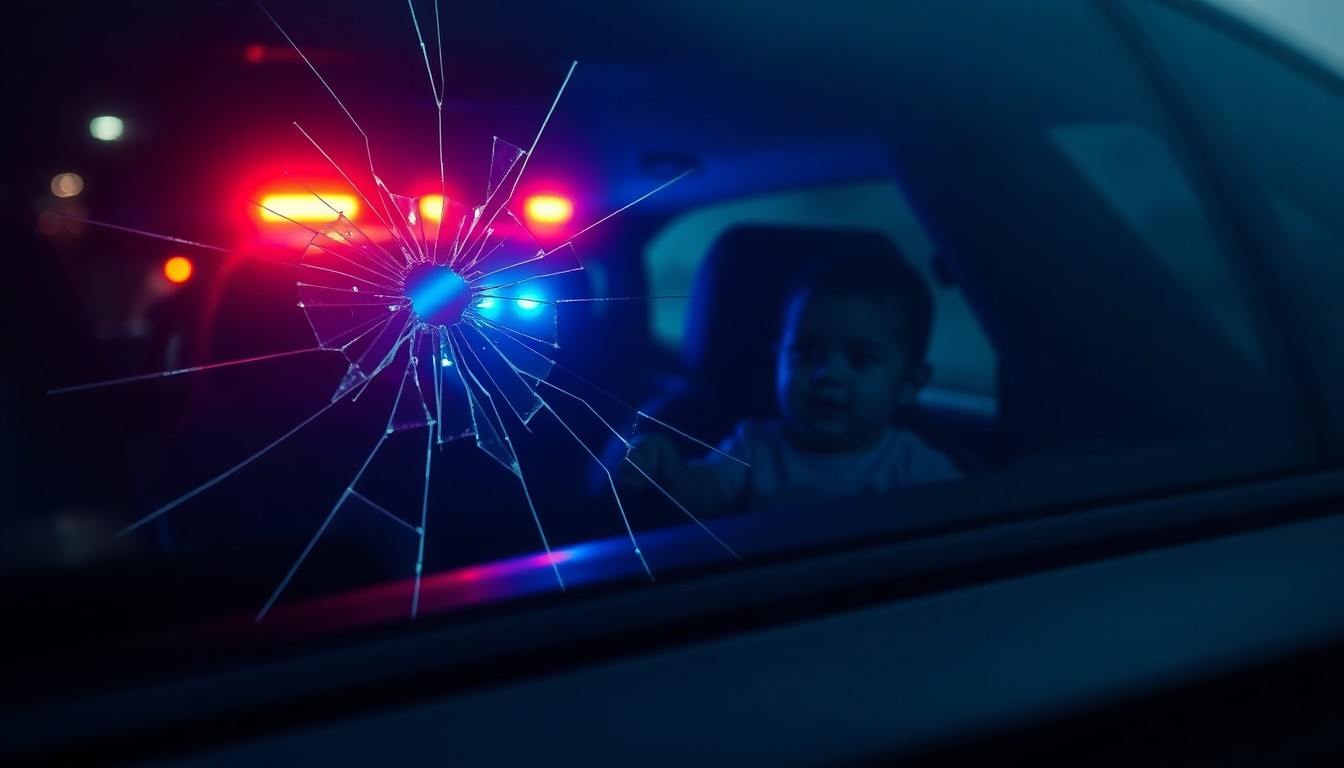 An extreme close-up photograph of a cracked car window reflecting the flashing lights of a police car, conceptually illustrating the aftermath of a high-speed chase involving an infant passenger.