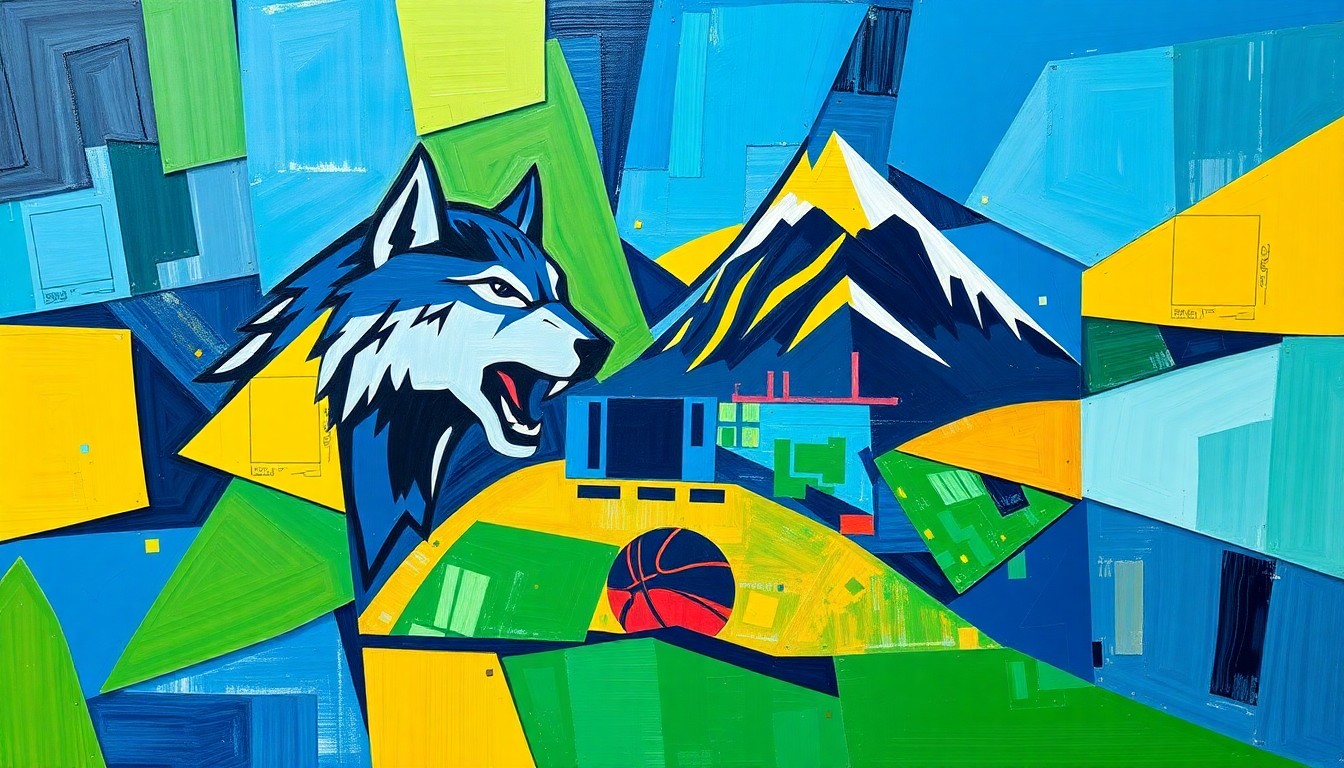 A cubist, geometric painting depicting the action of a basketball game, with overlapping shapes and planes in the colors of the Timberwolves and Nuggets, capturing the energy and intensity of the playoff matchup.