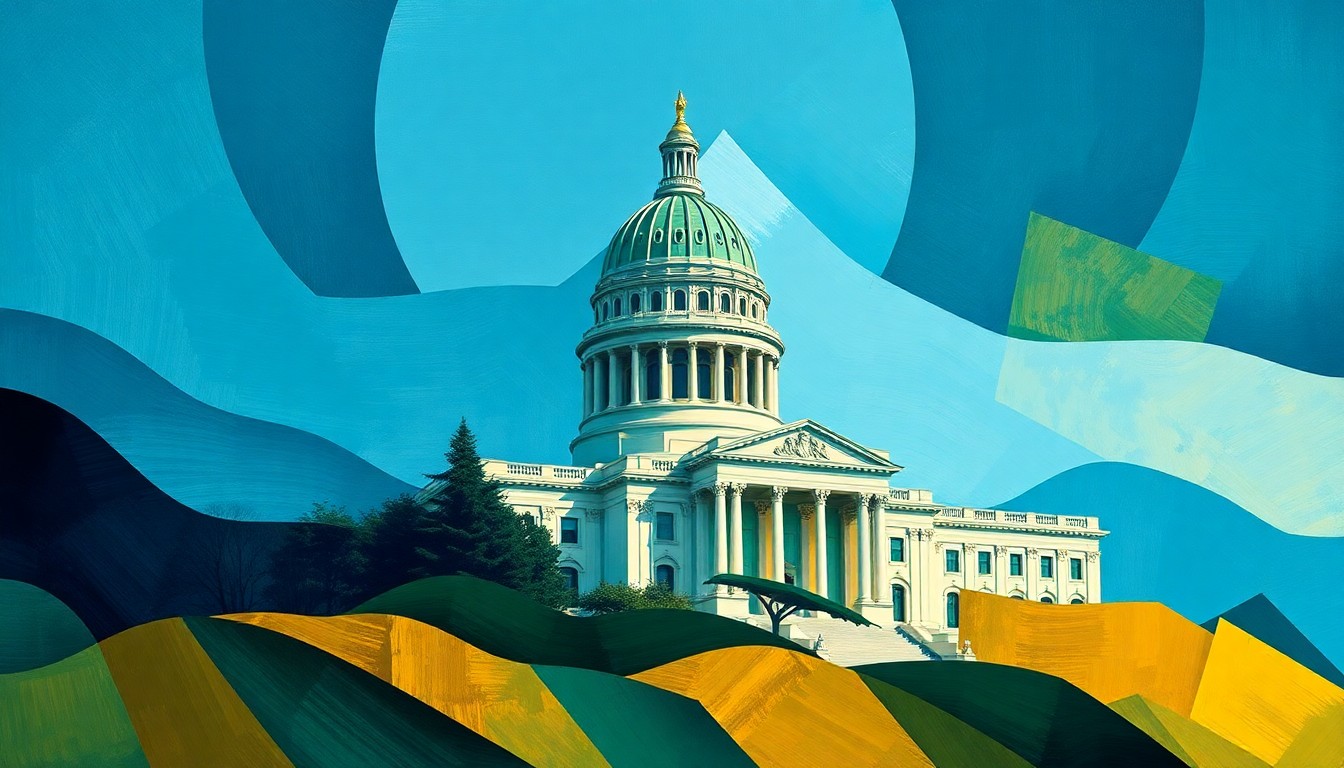 A dynamic, abstract painting featuring a fractured, overlapping depiction of a California state capitol building in shades of blue, green, and yellow, conveying a sense of motion and instability.