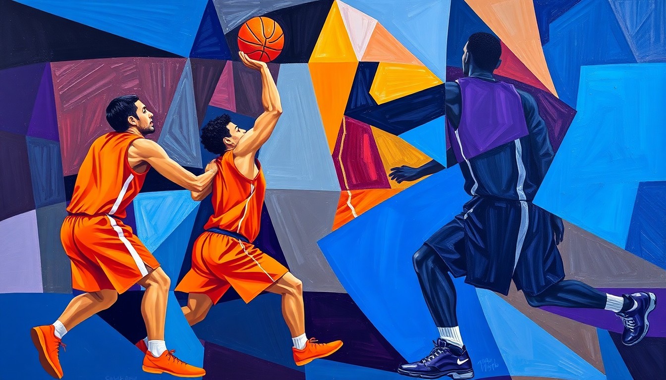 A fractured, cubist-style painting depicting the action of a basketball game, with the players' forms broken down into sharp, overlapping geometric shapes in a vibrant color palette, capturing the intensity and energy of the high-stakes playoff matchup.