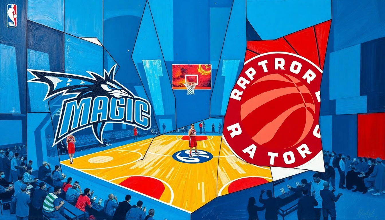 A fragmented, geometric painting depicting a basketball game between the Orlando Magic and Toronto Raptors, with sharp planes of blue, red, and white representing the dynamic action on the court.