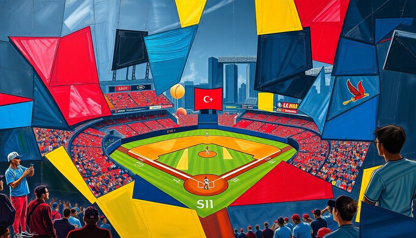 A cubist, geometric painting depicting a baseball game broken down into overlapping planes of navy, crimson, and gold, capturing the dynamic energy of the APSU baseball team's offensive outburst.