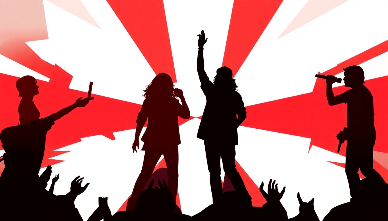 A striking abstract composition of geometric red, white, and black shapes, conveying the vibrant energy of a Philippine pop music performance.