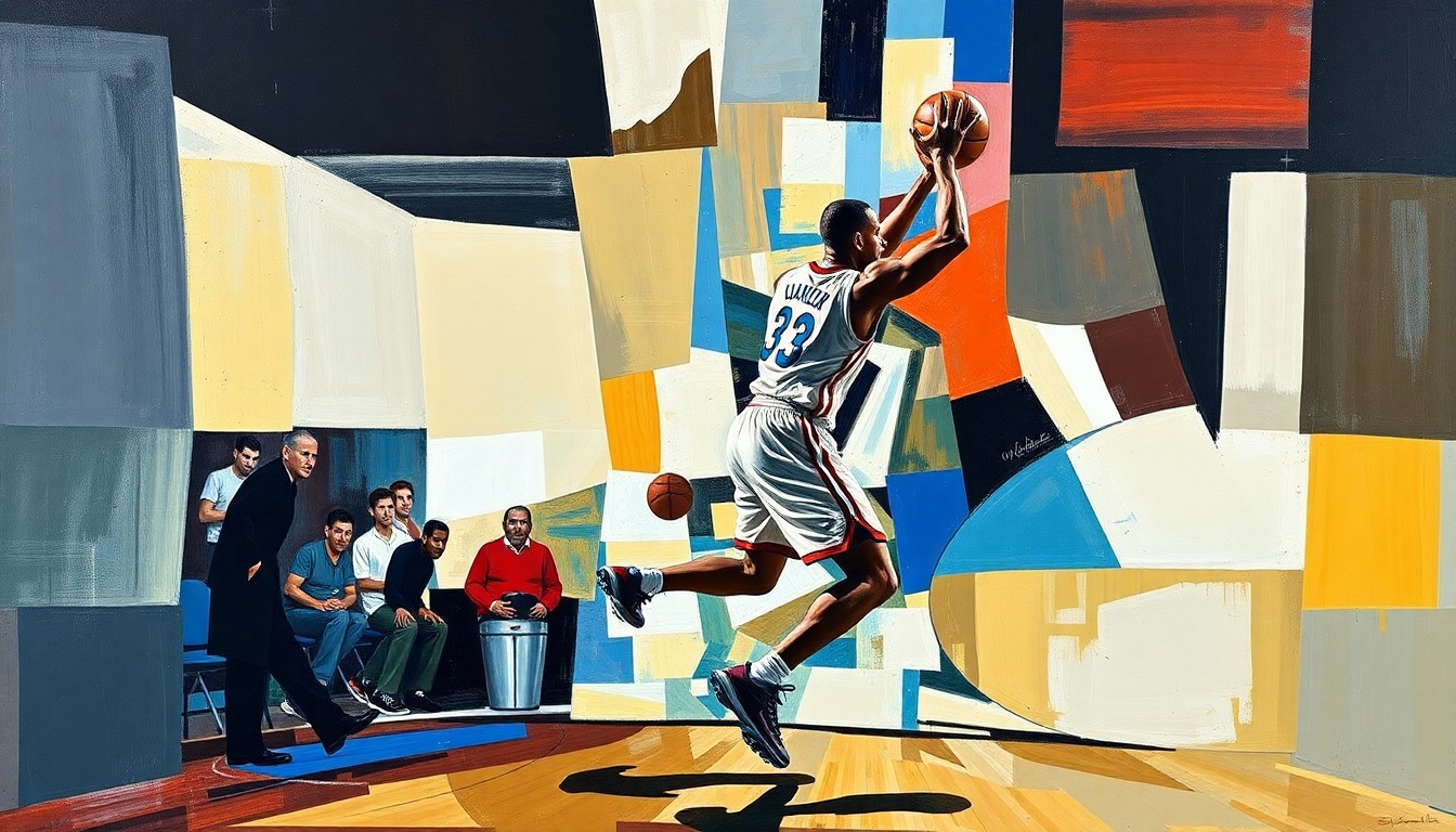 A cubist, geometric painting depicting a basketball player's return to the court after an injury, with sharp, overlapping planes of color and form representing the multifaceted nature of the player's recovery process.