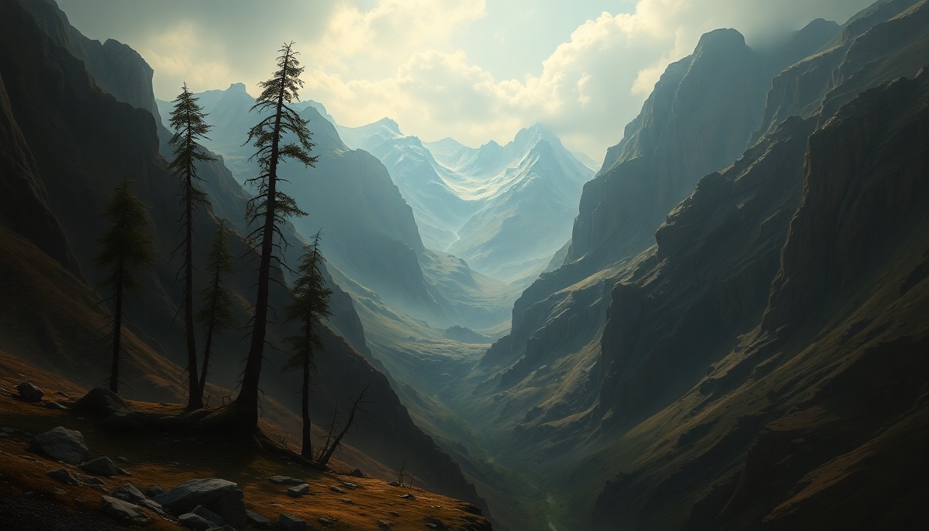 A vast, atmospheric landscape painting depicting a dramatic landslide, with the eroding ground and leaning trees overwhelmed by the sweeping, melancholic scale of the natural world.