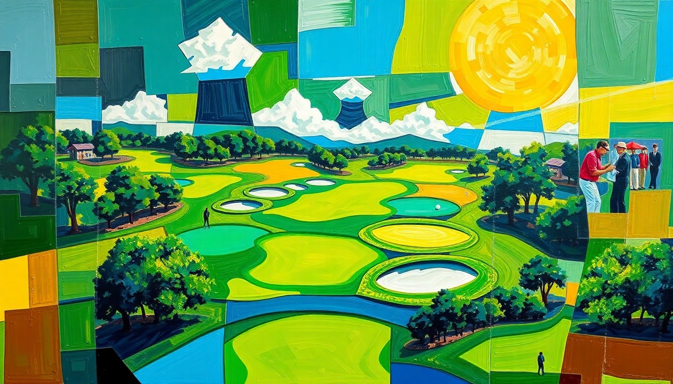 A cubist, geometric painting depicting a fractured, multi-angle view of a golf tournament scene, with overlapping planes of green, blue, and gold representing the course's lush fairways and greens. The abstract, deconstructed style captures the thoughtful, disciplined approach required to succeed at the Senior PGA Championship.