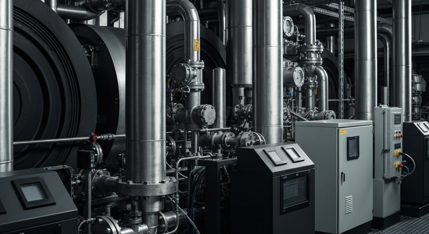 An extreme close-up of industrial isotope production equipment, including centrifuges, pipes, and control panels, conveying the heavy, tangible nature of the financial and technological infrastructure behind the isotope industry.
