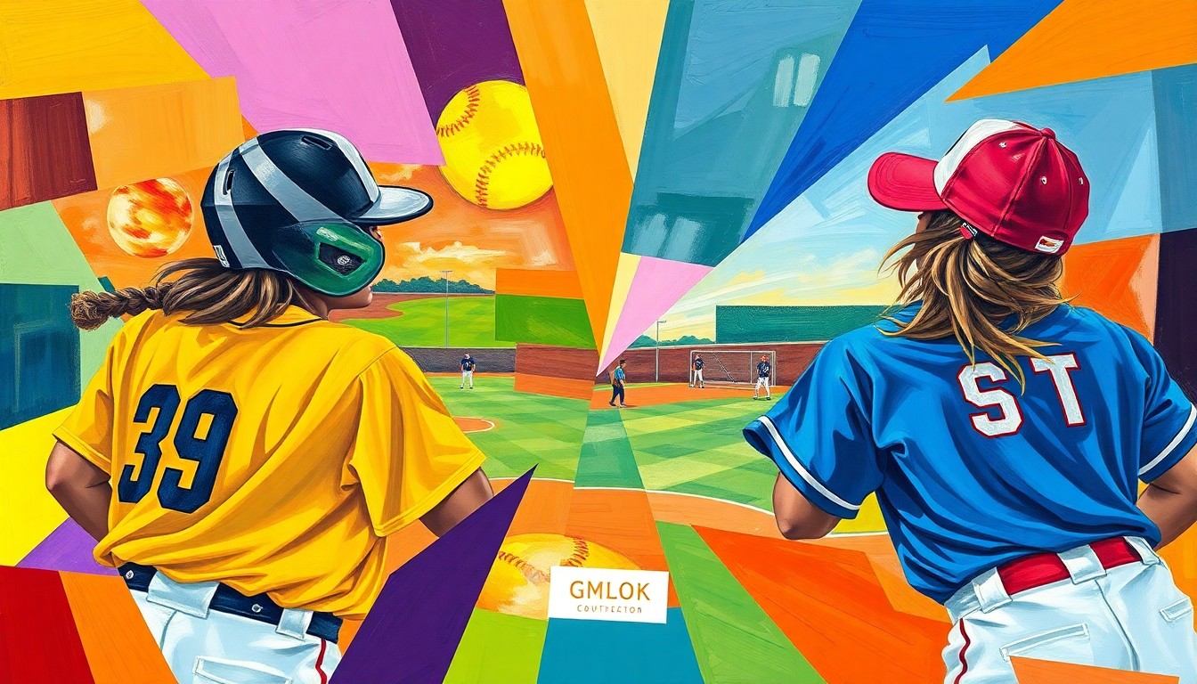 A fragmented, geometric painting depicting the dynamic movements and energy of a high school softball game, with sharp planes of color representing the players and field.
