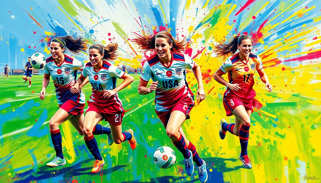 An abstract, expressionist painting in neon colors depicting the dynamic movements and energy of a USWNT soccer match, with players' forms dissolving into vibrant brushstrokes.