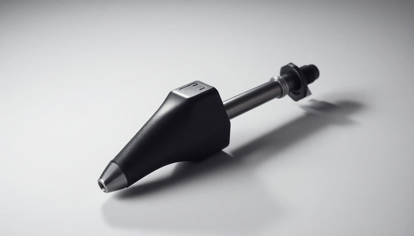 A photorealistic studio still-life photograph of a single, polished metal fuel nozzle resting on a clean, monochromatic background, symbolizing the financial pressures facing the airline industry due to rising fuel costs.