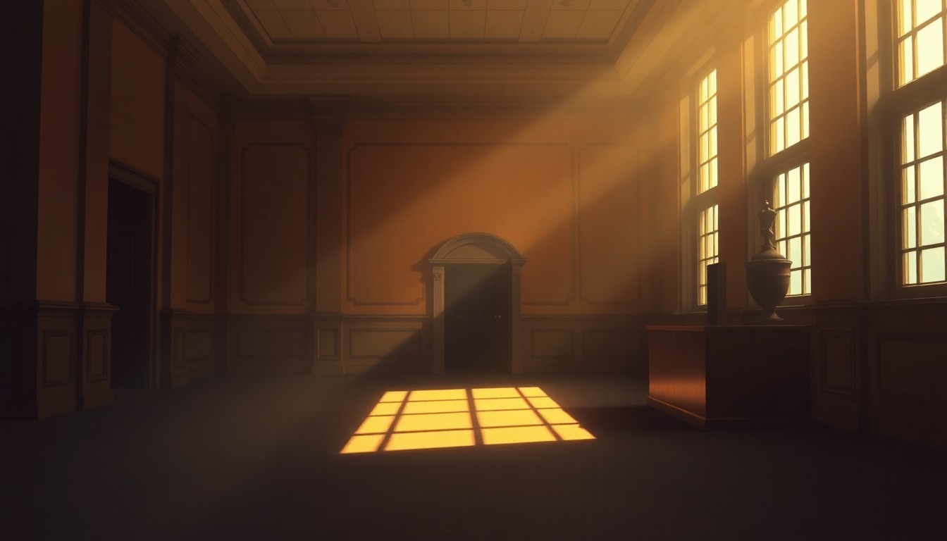 A serene, photorealistic painting of an empty government office or political building, with warm sunlight streaming through the windows and deep shadows casting a contemplative atmosphere, conveying the cautious optimism surrounding the potential U.S.-Iran peace negotiations.