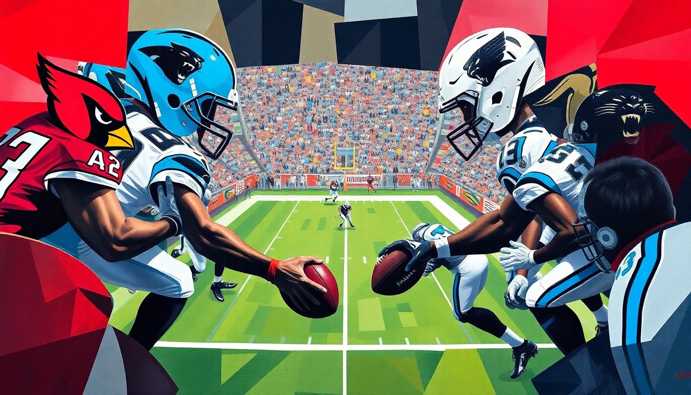 A cubist, geometric painting depicting a football game between the Arizona Cardinals and Carolina Panthers, with the players' uniforms and equipment broken down into abstract shapes and colors.