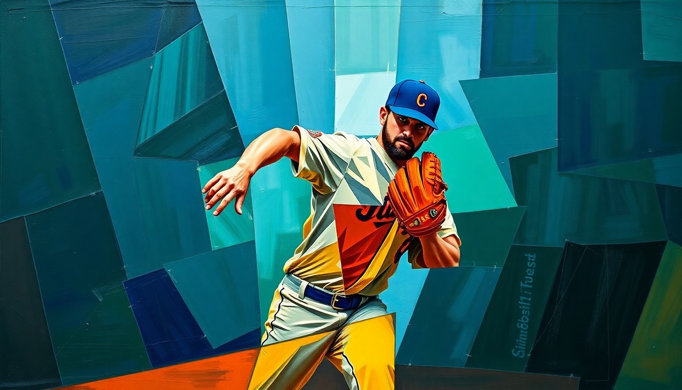 A fragmented, geometric painting depicting a baseball pitcher's throwing motion broken down into overlapping planes of navy, green, and orange, conveying the dynamic challenges facing the Rangers' relief corps.
