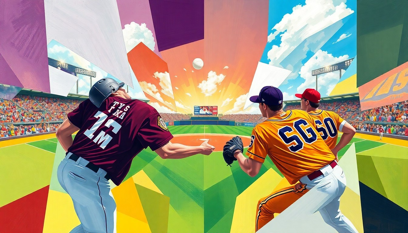 A fragmented, geometric painting depicting the dynamic movements and energy of a college baseball game, with the colors of the Texas A&M and LSU uniforms breaking apart and overlapping across the canvas.
